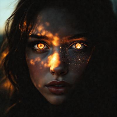The primary subject of the image is a woman with glowing eyes, likely due to the sunlight shining on her. She is looking at the camera, and her eyes are the main focus of the scene. The setting is outdoors, with the sunlight creating a warm and inviting atmosphere. The visual style appears to be a photo, capturing the woman's unique and captivating appearance. The colors and mood of the image are predominantly warm and bright, with the sunlight creating a sense of warm